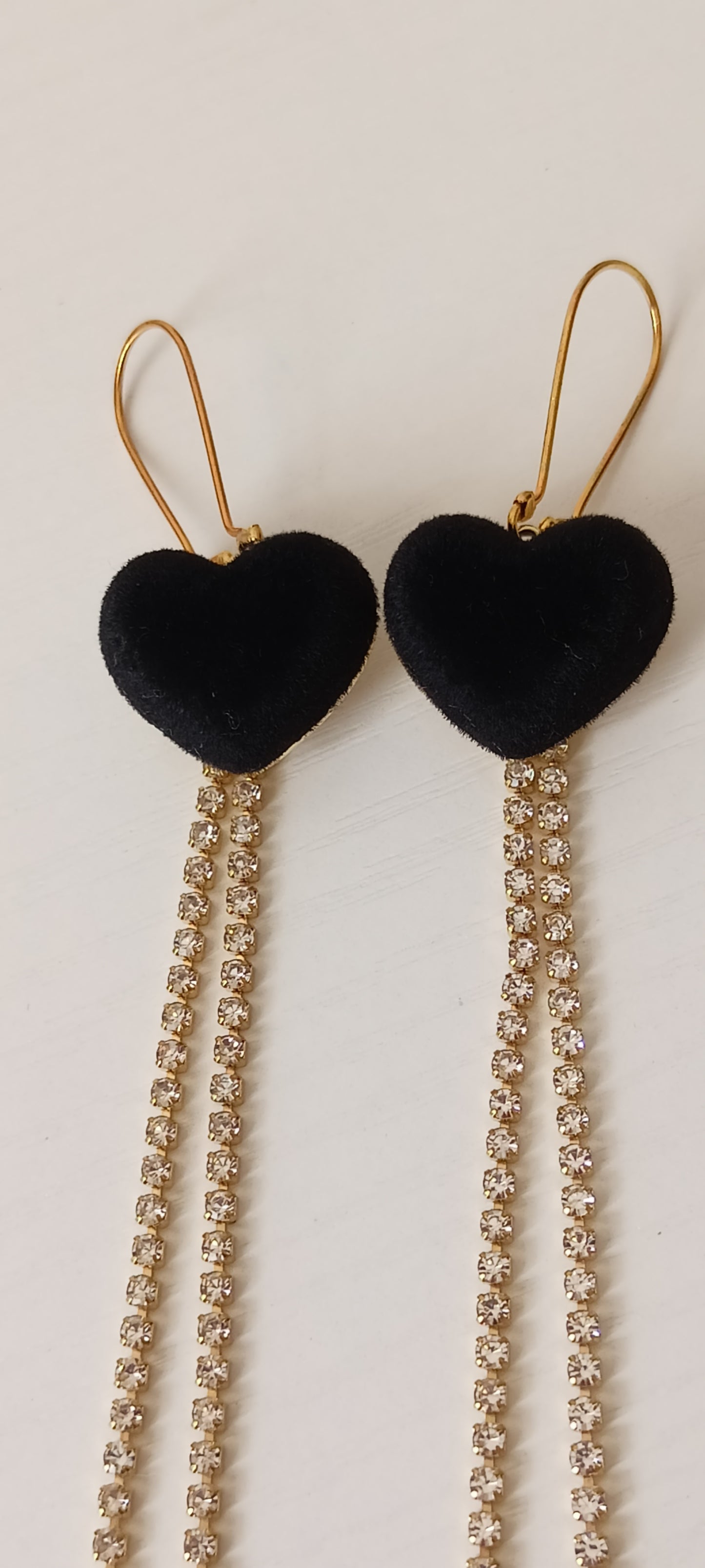 Black Velvet Heart & Crystal Tassel Long Drop Earrings – Gold-Tone