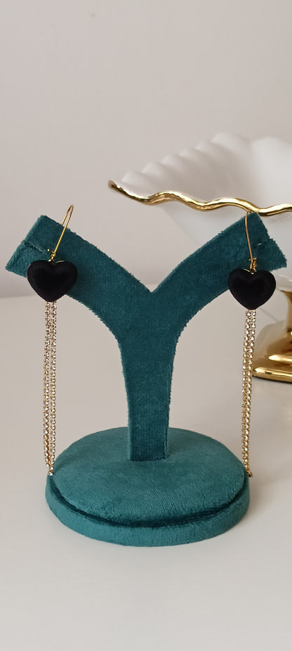 Black Velvet Heart & Crystal Tassel Long Drop Earrings – Gold-Tone