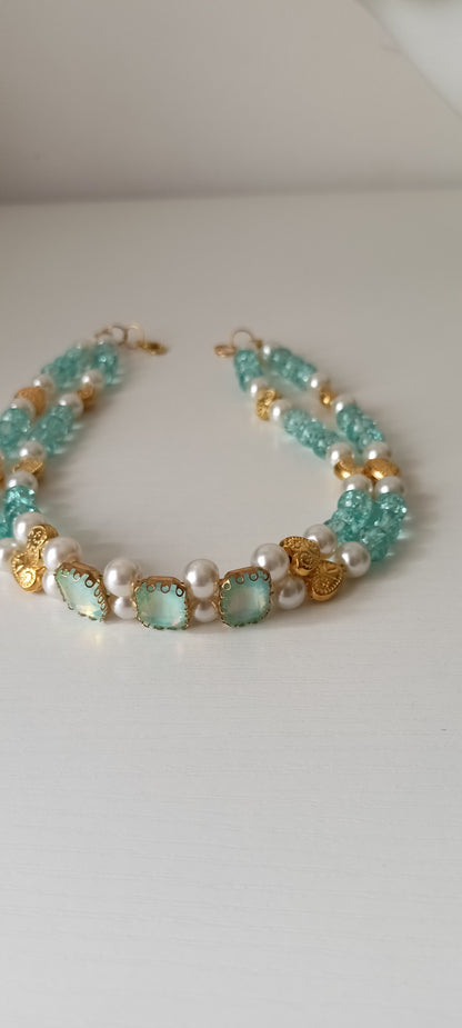 Seafoam Blue- Green Crystal, Pearl & Gold Tone Heart Choker Necklace – Double Strand