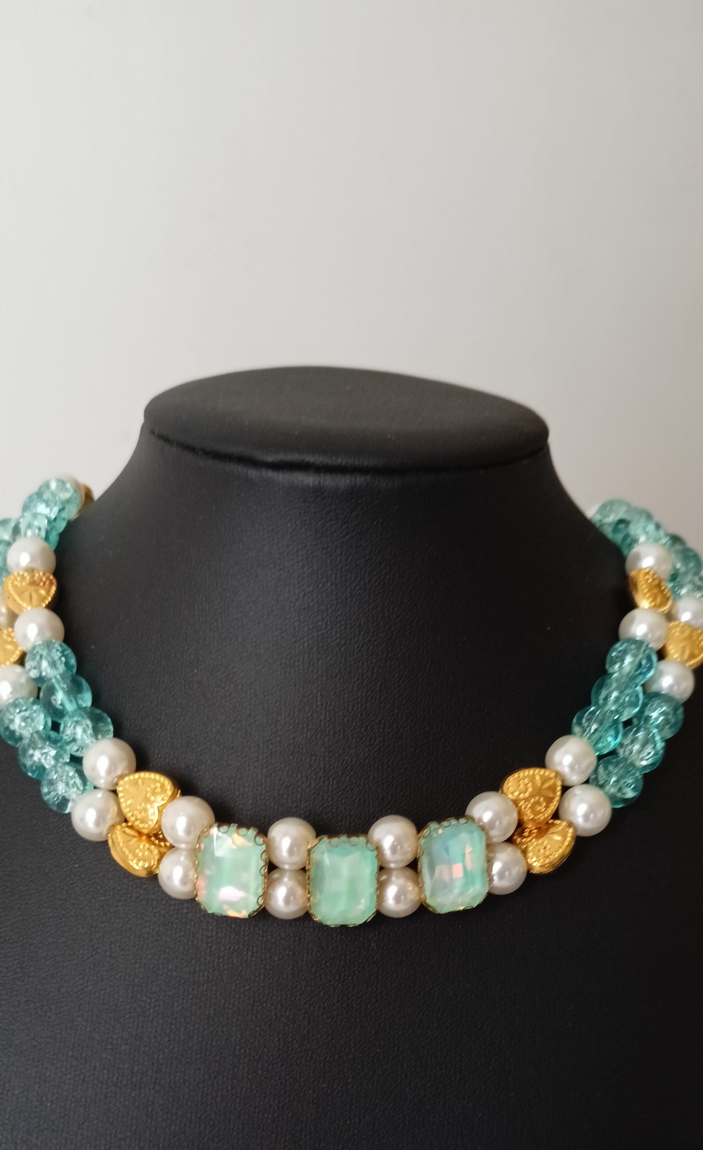 Seafoam Blue- Green Crystal, Pearl & Gold Tone Heart Choker Necklace – Double Strand