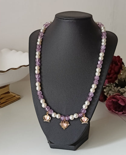 Lilac Crystal Bead & Pearl Necklace with Gold Princess Heart Charms