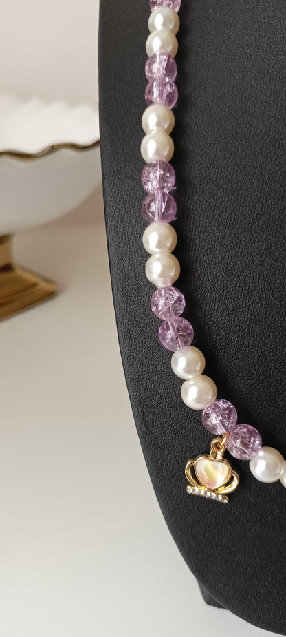 Lilac Crystal Bead & Pearl Necklace with Gold Princess Heart Charms