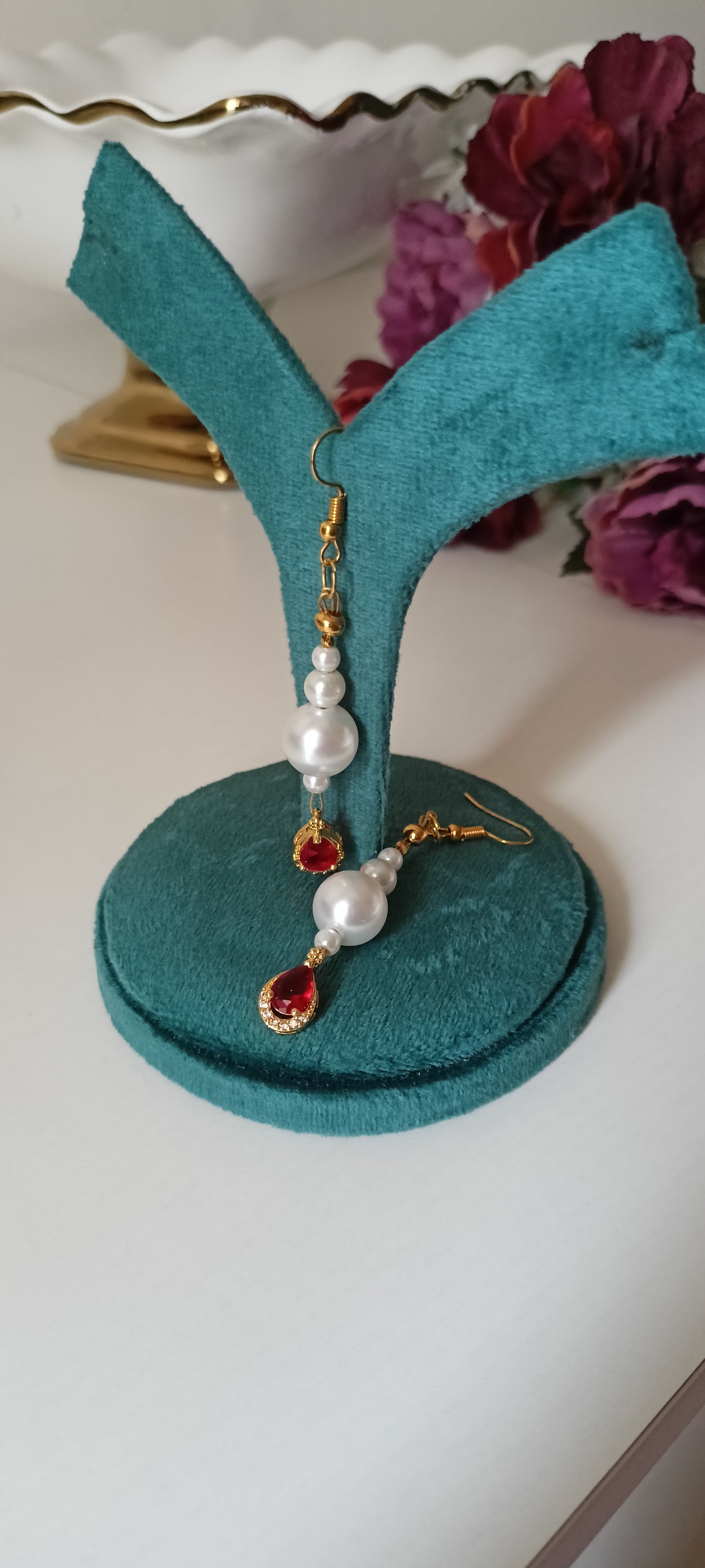 Ruby Red Teardrop Crystal & Pearl Long Drop Earrings – Gold-Tone