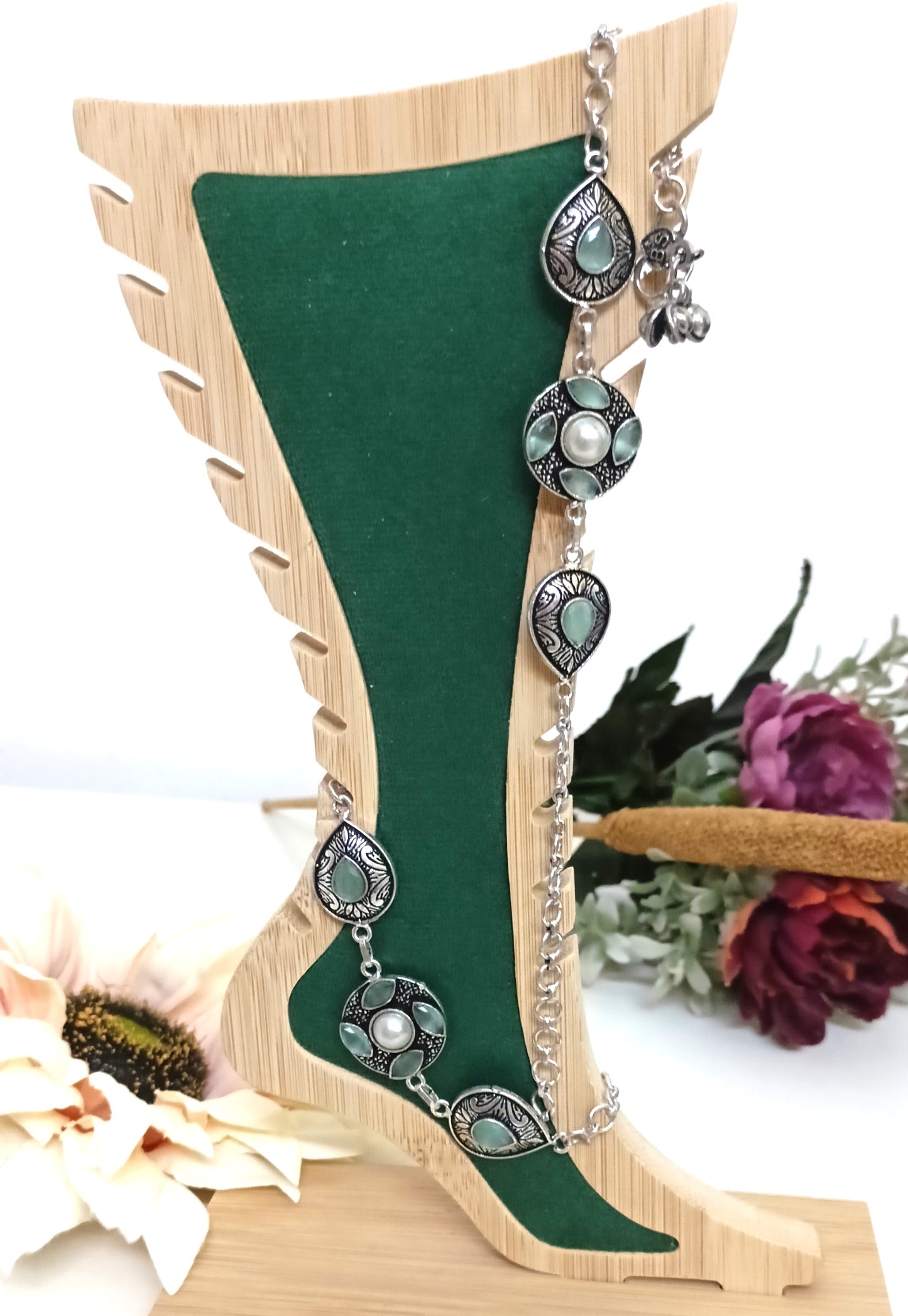 Antique Silver Boho Anklet with Gemstone Drops & Pearl Accents