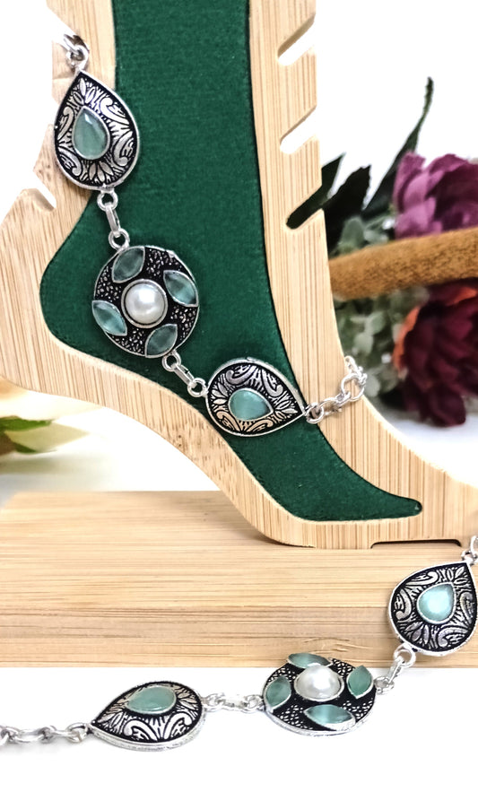 Antique Silver Boho Anklet with Gemstone Drops & Pearl Accents