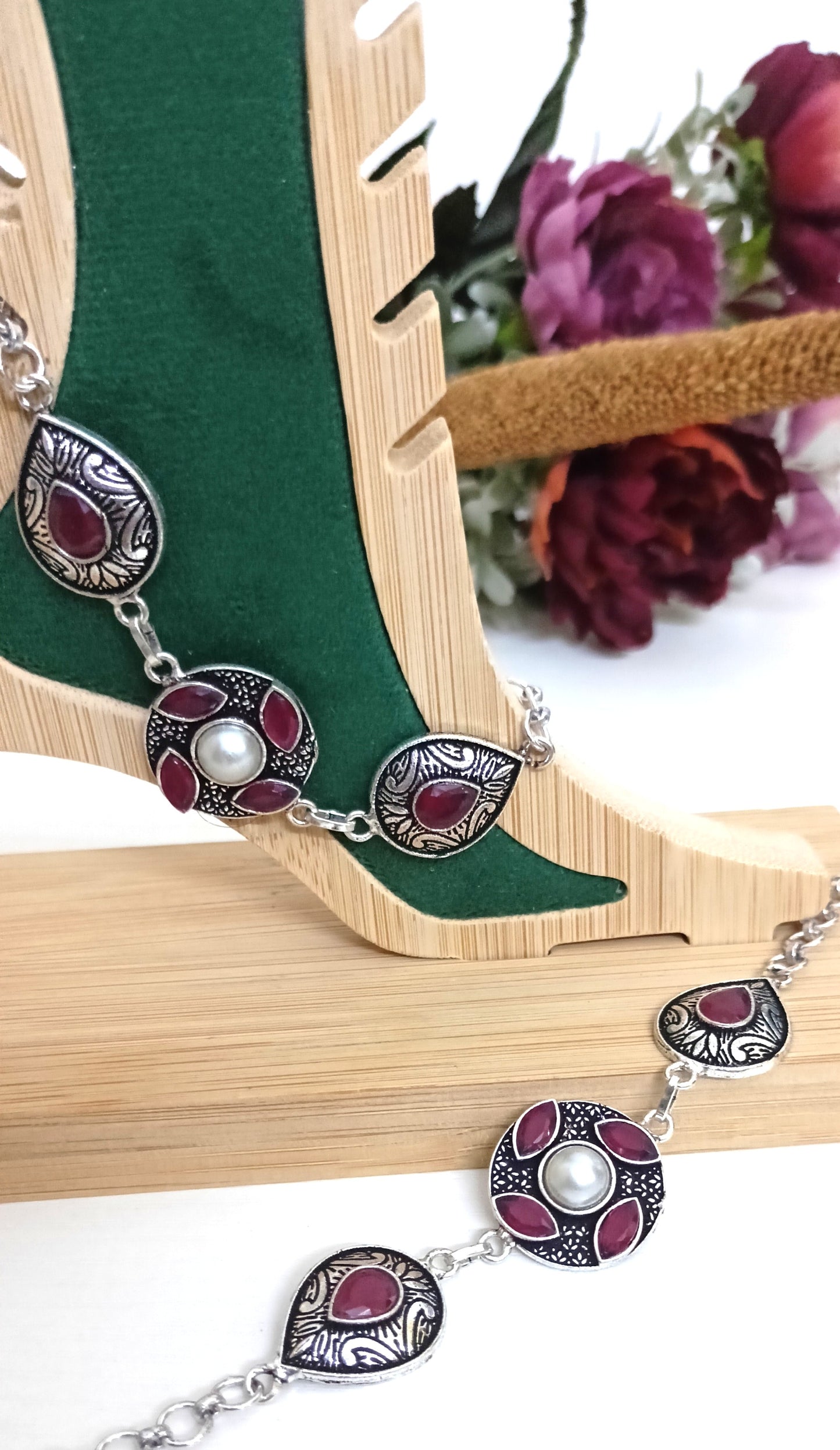 Antique Silver Boho Anklet with Gemstone Drops & Pearl Accents