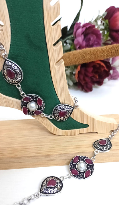 Antique Silver Boho Anklet with Gemstone Drops & Pearl Accents