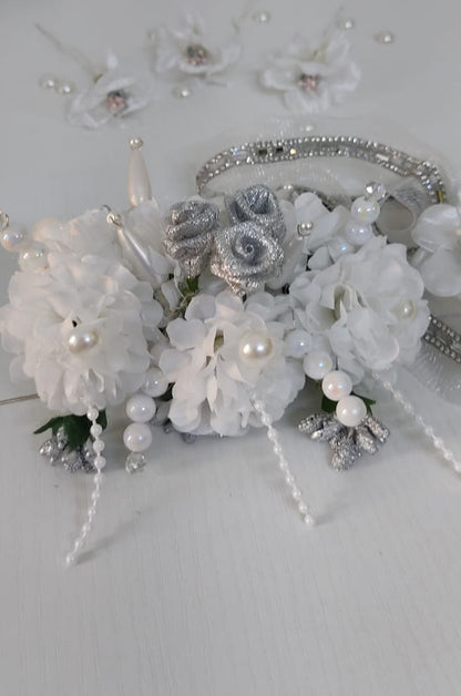 Elegant White Floral Bridal Hair Accessory Set with Pearls & Silver Accents - Wedding Hair Ornament Collection
