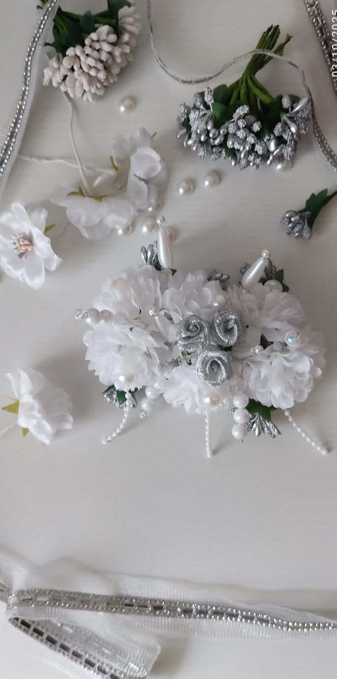 Elegant White Floral Bridal Hair Accessory Set with Pearls & Silver Accents - Wedding Hair Ornament Collection