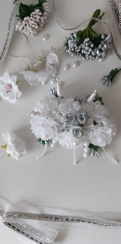 Elegant White Floral Bridal Hair Accessory Set with Pearls & Silver Accents - Wedding Hair Ornament Collection