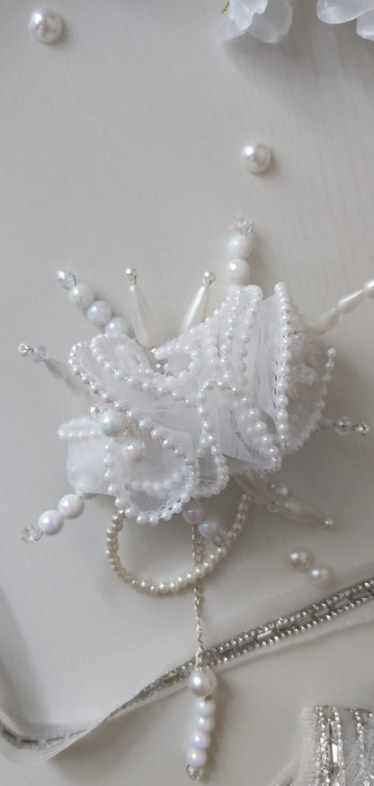 Majestic Pearl & Lace Bridal Hairpiece with Cascading Bead Tassel