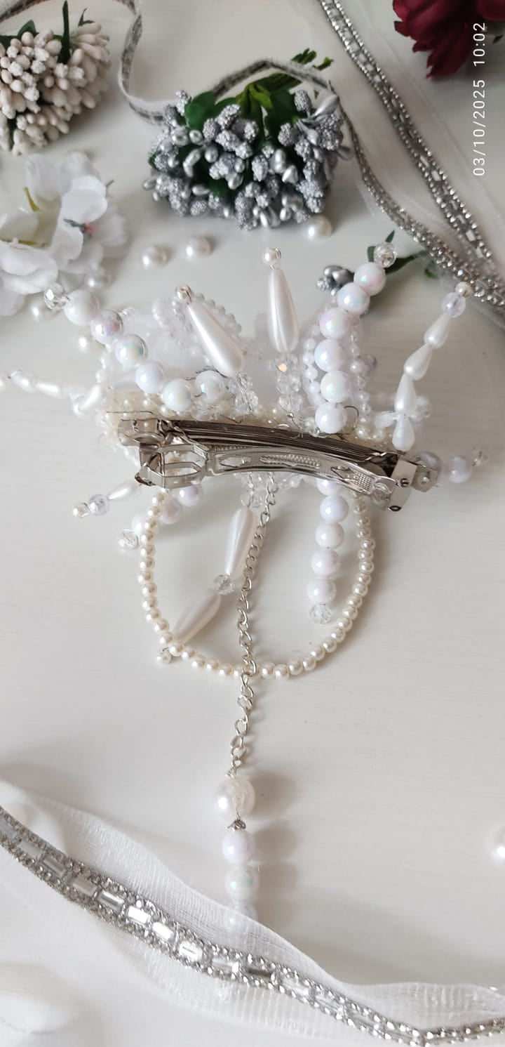 Majestic Pearl & Lace Bridal Hairpiece with Cascading Bead Tassel