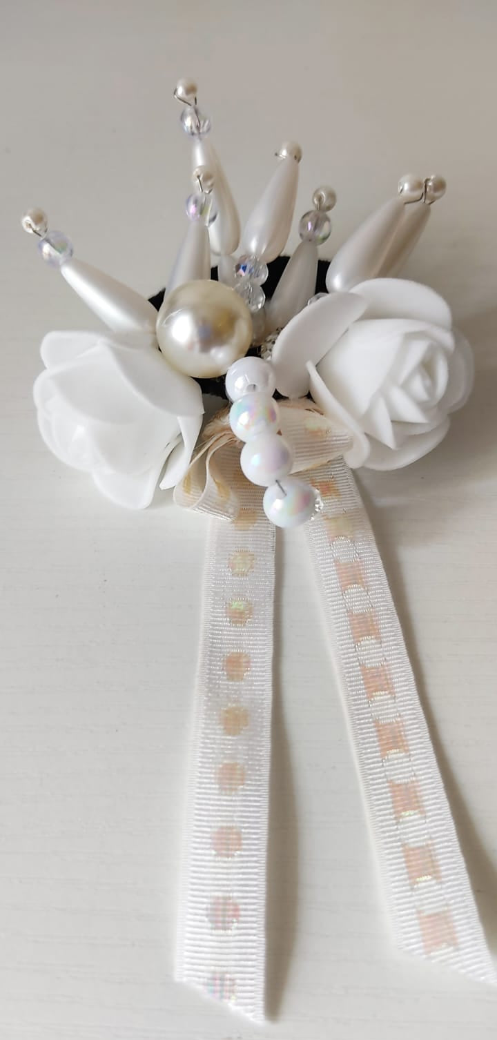 Delicate Ribbon Rose & Pearl Bridal Hair band with Beaded Spray