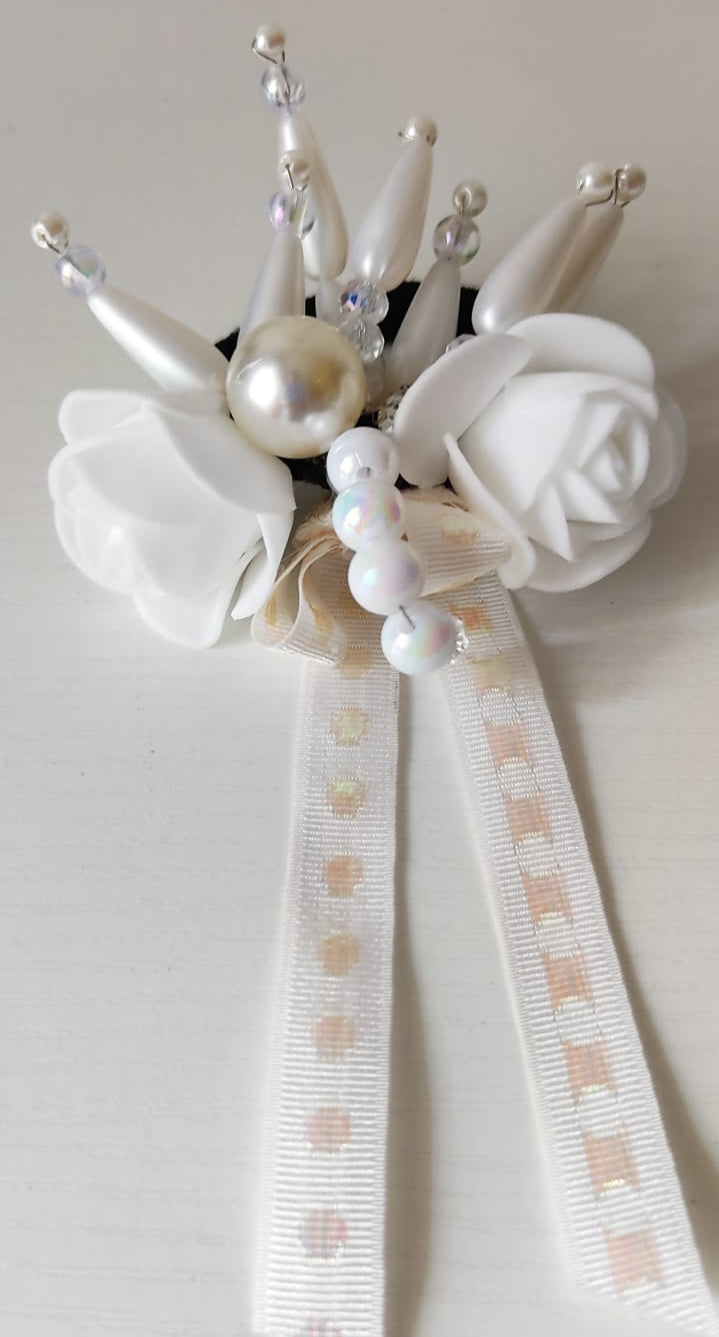 Delicate Ribbon Rose & Pearl Bridal Hair band with Beaded Spray
