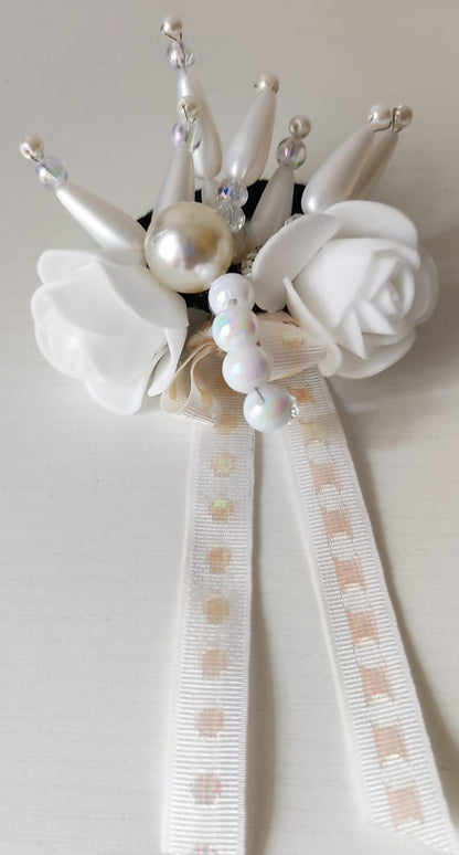 Delicate Ribbon Rose & Pearl Bridal Hair band with Beaded Spray