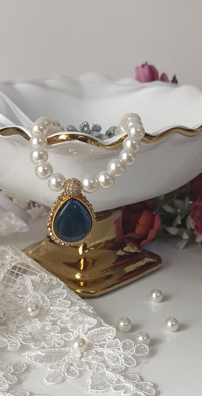 Elegant Pearl Necklace with Dark Blue Teardrop Pendant – Personally Handcrafted