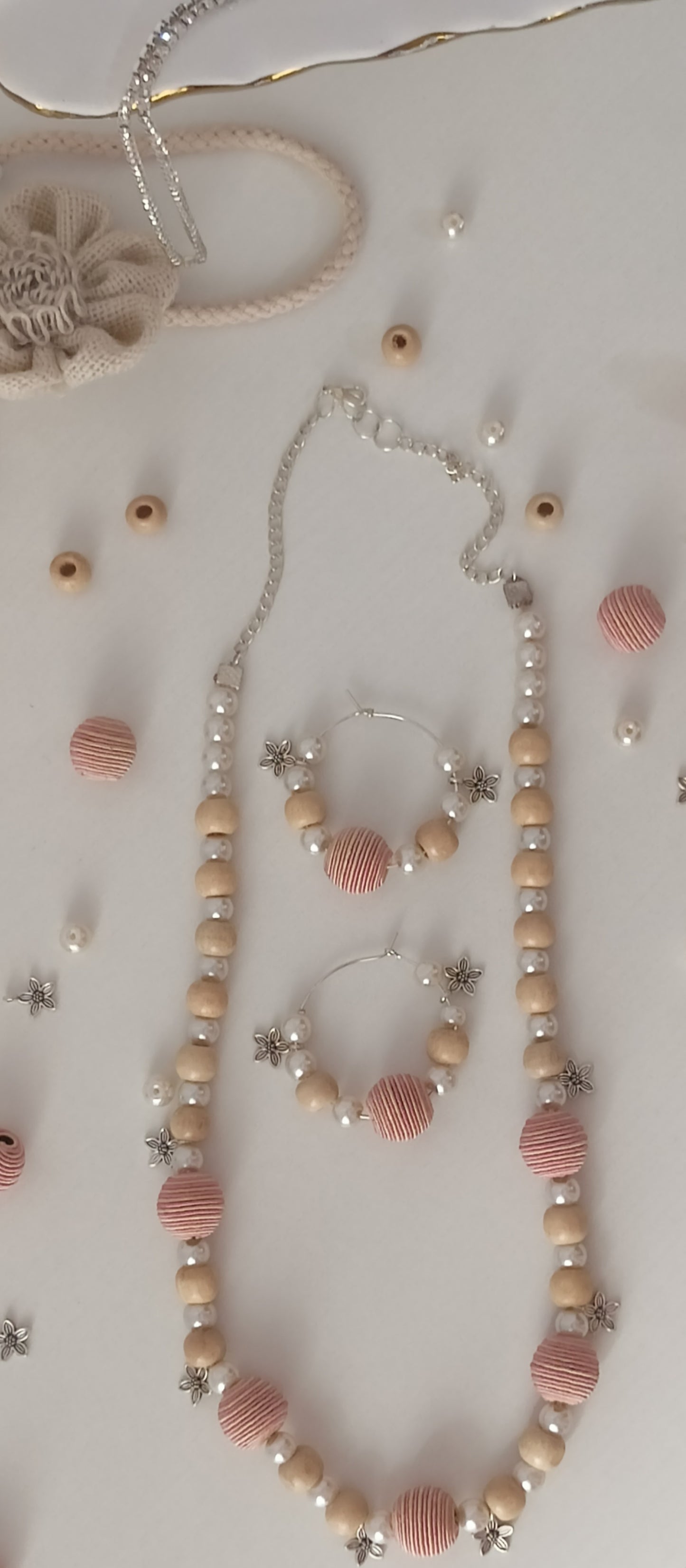 Handcrafted Pastel Pink & Beige Wood & Thread Beads Jewellery Set - Personally Handcrafted