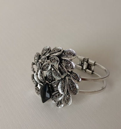 Vintage Black Stone Peacock Feather Oxidized Cuff Bracelet