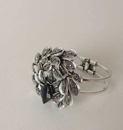 Vintage Black Stone Peacock Feather Oxidized Cuff Bracelet