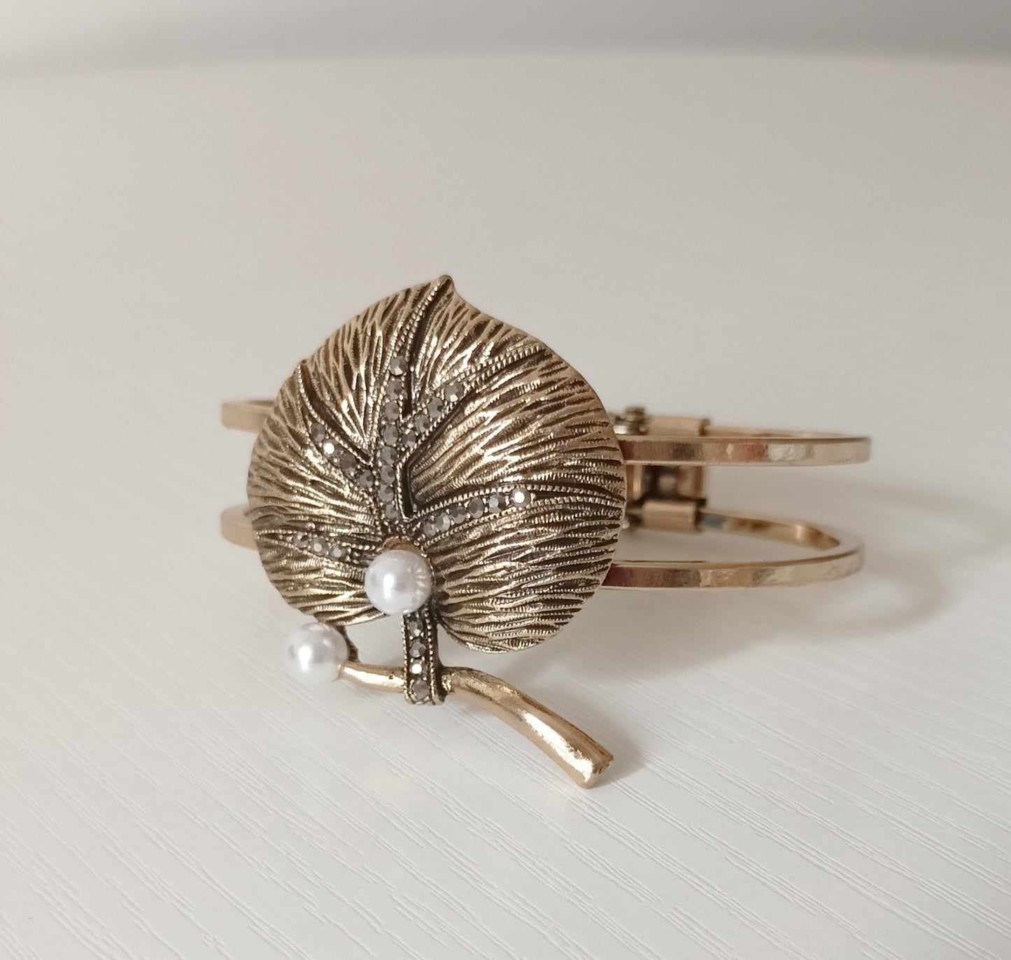 Vintage Gold Leaf with Pears Cuff Bracelet | Vintage Filigree Statement Cuff