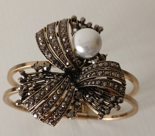 Vintage Triple Bow Gold Tone with stones and Pearl Marcasite Cuff Bracelet | Vintage Statement Cuff