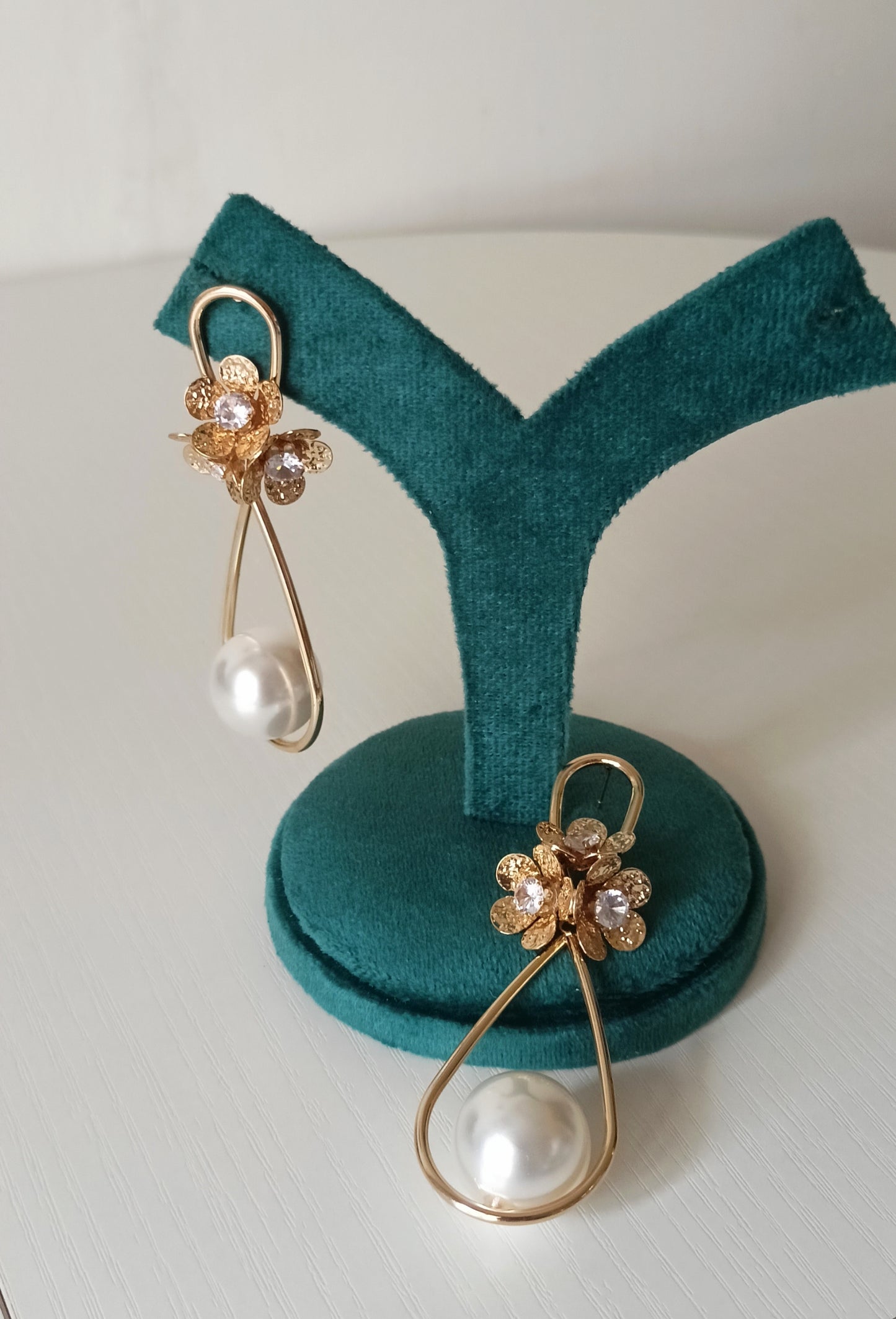 Pearl Drop Flower Cluster Hoop Earrings with Crystal Accent