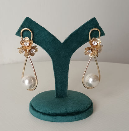 Pearl Drop Flower Cluster Hoop Earrings with Crystal Accent