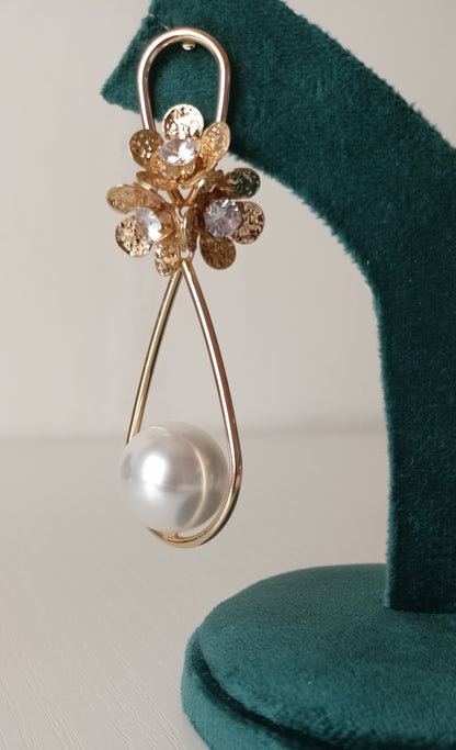 Pearl Drop Flower Cluster Hoop Earrings with Crystal Accent