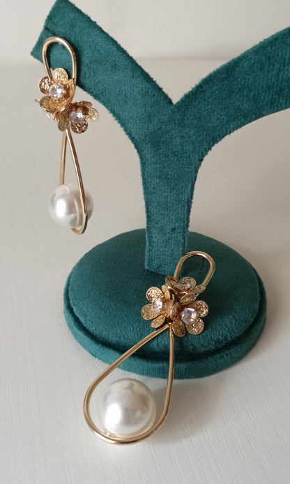 Pearl Drop Flower Cluster Hoop Earrings with Crystal Accent