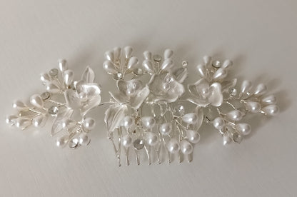 Silver Pearl Bridal Hair Comb Set - Floral & Leaf Design with Crystals