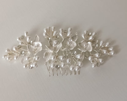Silver Pearl Bridal Hair Comb Set - Floral & Leaf Design with Crystals