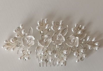Silver Pearl Bridal Hair Comb Set - Floral & Leaf Design with Crystals