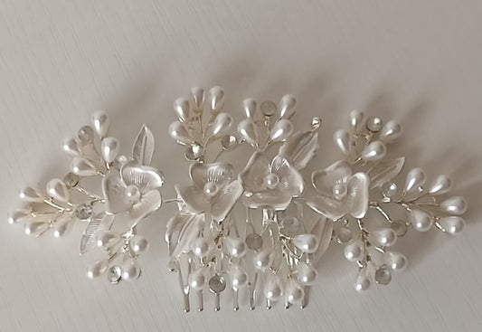 Silver Pearl Bridal Hair Comb Set - Floral & Leaf Design with Crystals