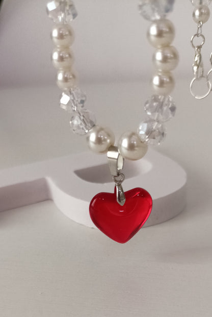 Elegant Pearl & Crystal Heart Necklace – Red Charm Pendant
