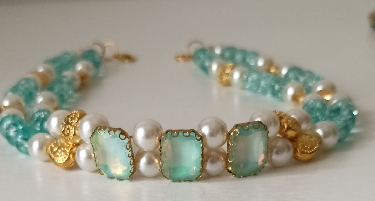 Seafoam Blue- Green Crystal, Pearl & Gold Tone Heart Choker Necklace – Double Strand
