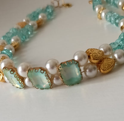 Seafoam Blue- Green Crystal, Pearl & Gold Tone Heart Choker Necklace – Double Strand