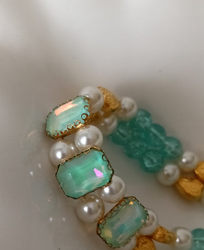 Seafoam Blue- Green Crystal, Pearl & Gold Tone Heart Choker Necklace – Double Strand