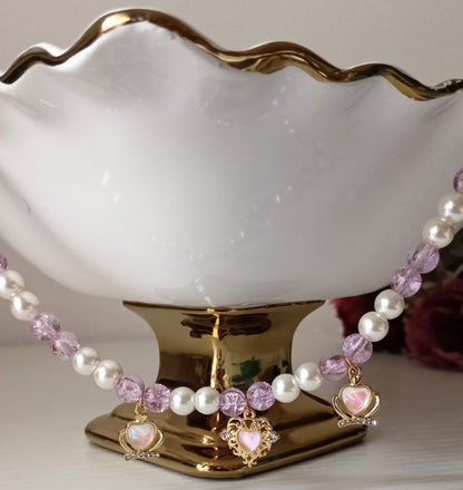 Lilac Crystal Bead & Pearl Necklace with Gold Princess Heart Charms
