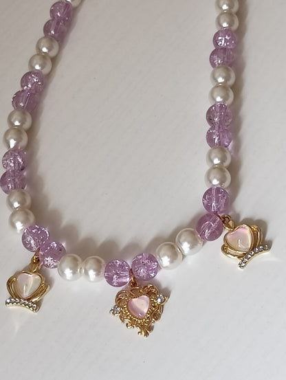 Lilac Crystal Bead & Pearl Necklace with Gold Princess Heart Charms
