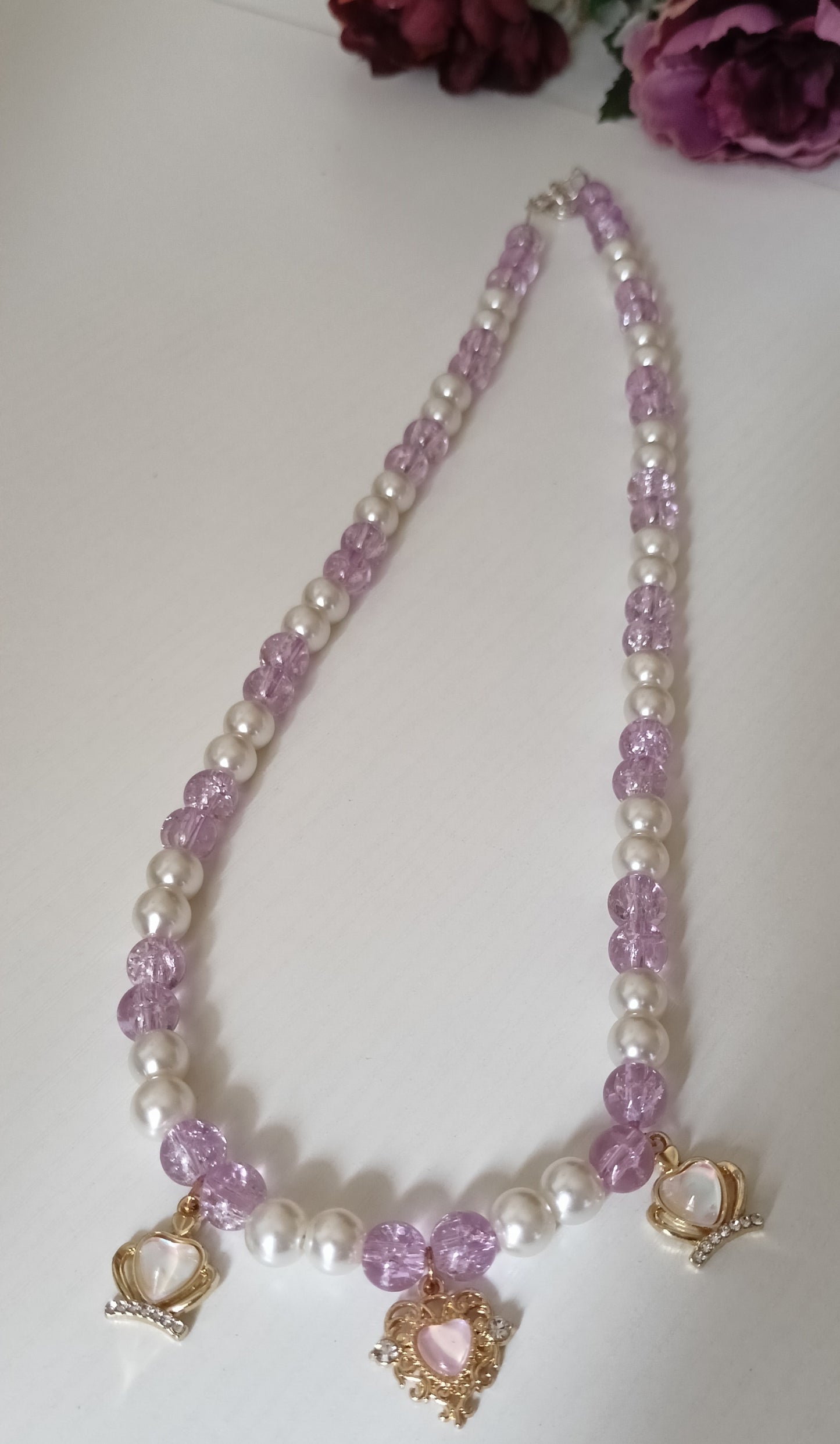 Lilac Crystal Bead & Pearl Necklace with Gold Princess Heart Charms