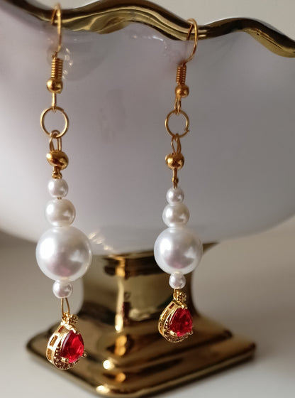 Ruby Red Teardrop Crystal & Pearl Long Drop Earrings – Gold-Tone