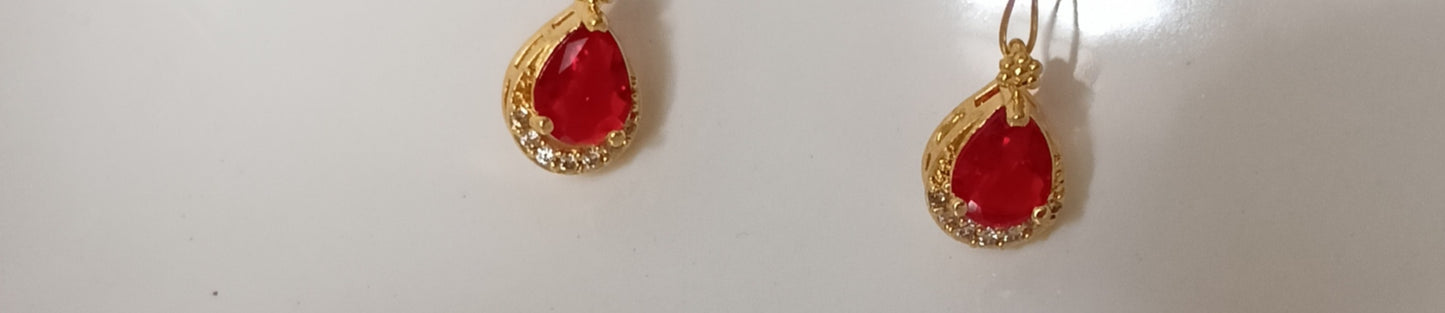 Ruby Red Teardrop Crystal & Pearl Long Drop Earrings – Gold-Tone