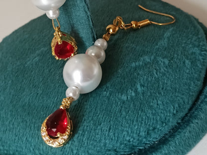 Ruby Red Teardrop Crystal & Pearl Long Drop Earrings – Gold-Tone