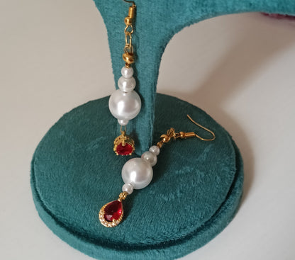 Ruby Red Teardrop Crystal & Pearl Long Drop Earrings – Gold-Tone