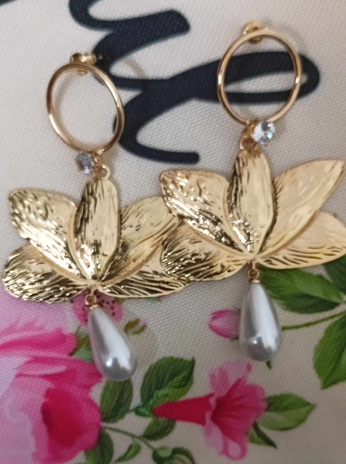 Gold Lotus Petal Hoop Earrings with Pearl Drops - Anti Tarnish