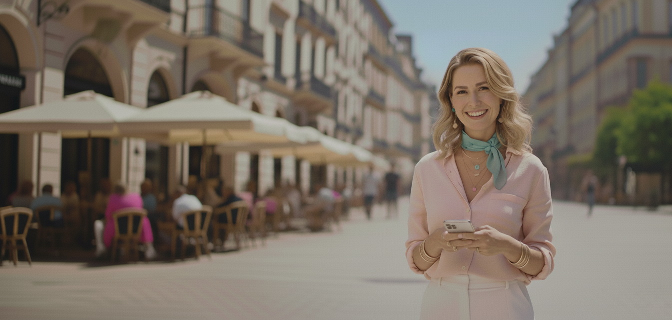 Woman standing in a city square with cafes and people in the background