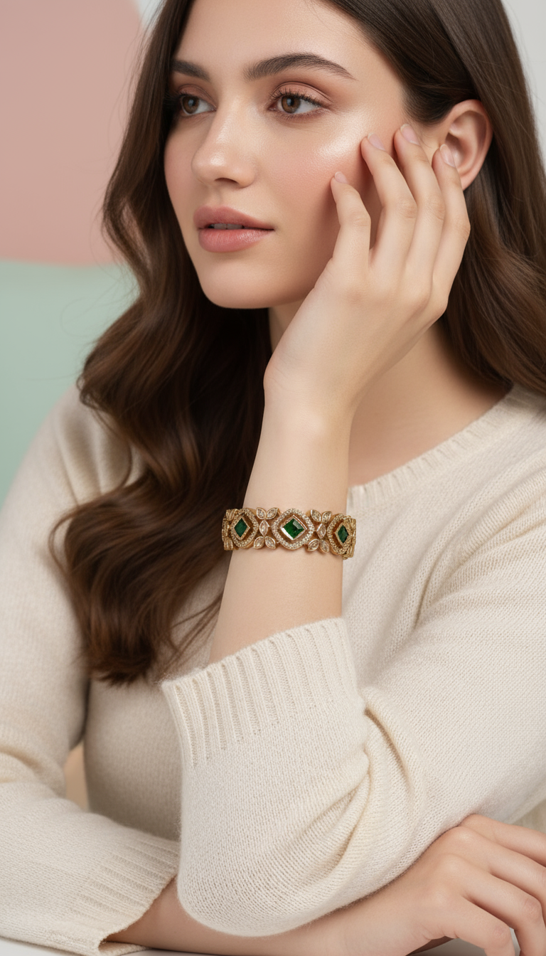 Luxurious Emerald & Diamond like Style Bangles Set
