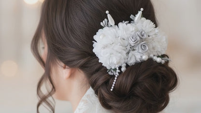 Elegant White Floral Bridal Hair Accessory Set with Pearls & Silver Accents - Wedding Hair Ornament Collection
